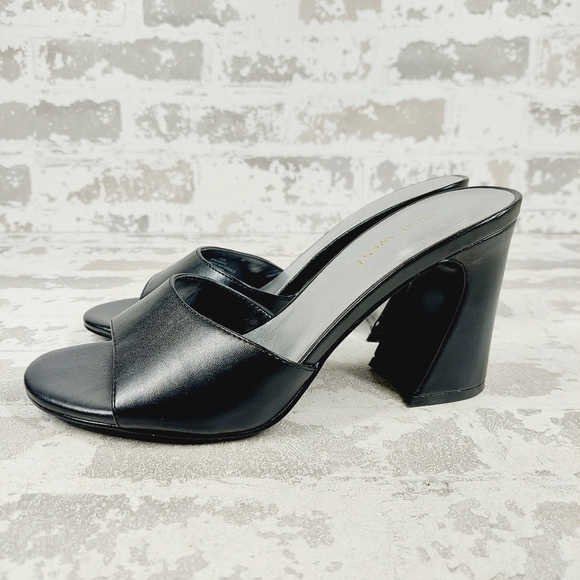 New Nine West Unah 3 Black Faux Leather Slide In Heels V245 - Picture 1 of 12